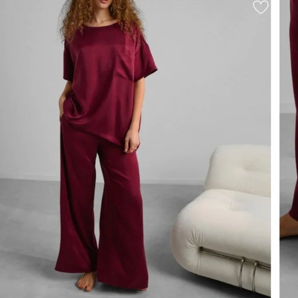 LUNYA Washable Silk Tee Pant Set 100% Silk, Calliope Wine